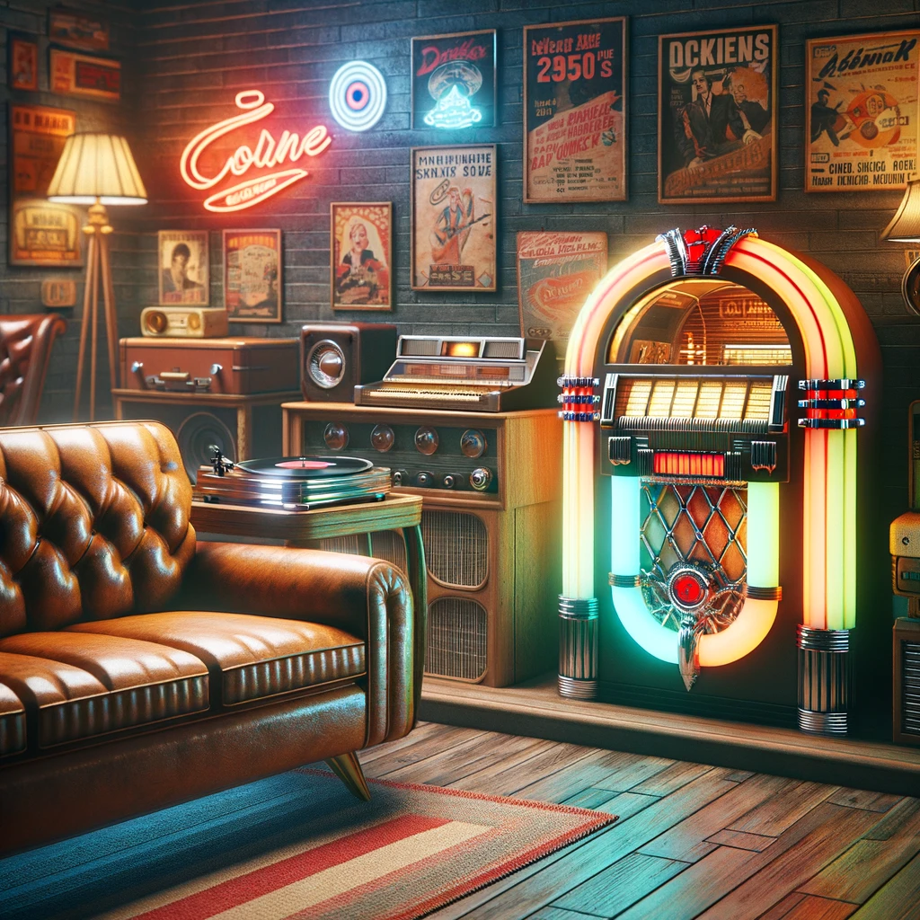 DALL·E 2024-04-20 14.43.49 - A retro style man cave featuring a classic jukebox and a vintage record player. The room is warmly lit, decorated with 1950s-inspired furnishings incl mancave, man cave